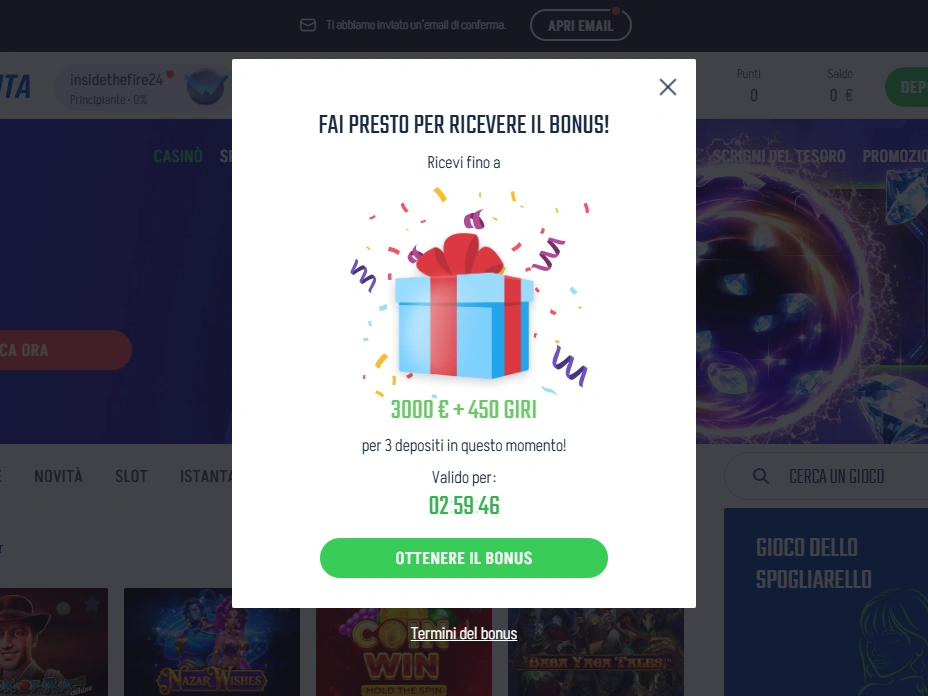 Finestra bonus con offerta 3000 € più 450 giri, conto alla rovescia e pulsante OTTENERE IL BONUS